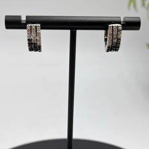 Sterling Silver Designer Signed Huggie Hoops Black‎ and Clear CZ Earrings